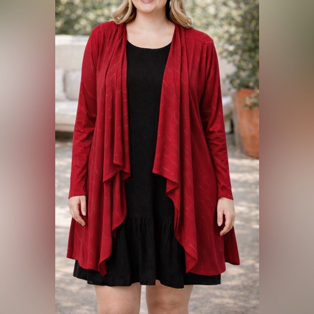 NWOT CJ Banks Red Draped Cardigan SZ 1X Sparkle Accent